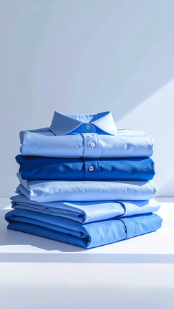 Stack of blue shirts on a shelf in a men's clothing storeの素材