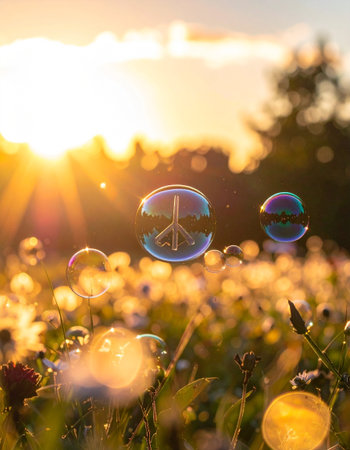 Beautiful soap bubbles in the meadow at sunset. Nature backgroundの素材
