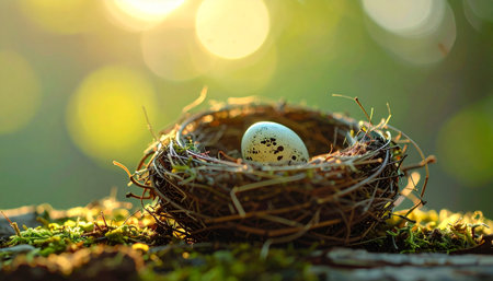 Easter eggs in a bird's nest on the moss in the forestの素材