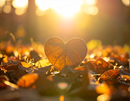 Heart shaped leaf on the ground with sunbeams and lens flareの素材