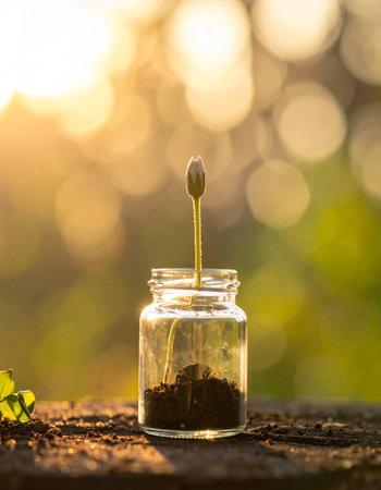 Little seedling growing in a glass jar on the ground with sunlightの素材