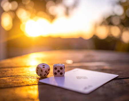 Playing cards and dices on a wooden table with sunset background.の素材