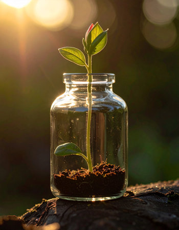 Small plant growing in a glass jar with soil on a blurred backgroundの素材