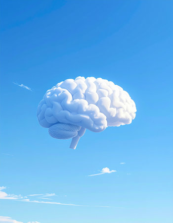 Human brain on blue sky background. 3D illustration. Copy space.の素材