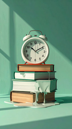 Alarm clock and books on a green background. 3d renderの素材
