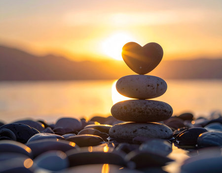 zen stones on the beach with a heart and sunset in the backgroundの素材