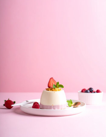 panna cotta with fresh berries and mint on a pink backgroundの素材