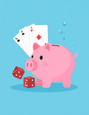 Piggy bank with playing cards and dice. Vector illustration.の素材