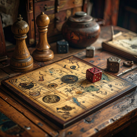 Old playing cards, dice and old books on a wooden table.の素材