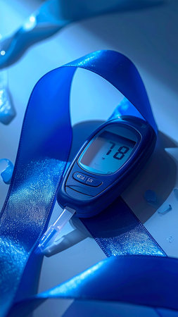 Glucose meter with blue ribbon on white background. Close up.の素材