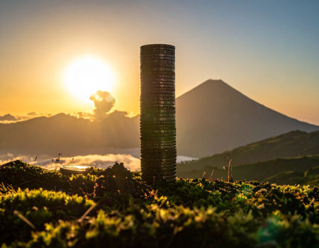 Stacks of coins on the top of the mountain at sunrise.の素材