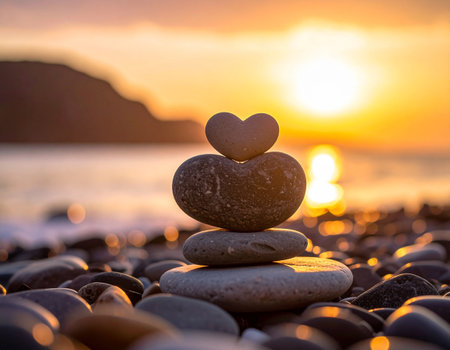 Stacked stones in the form of heart on the beach at sunsetの素材