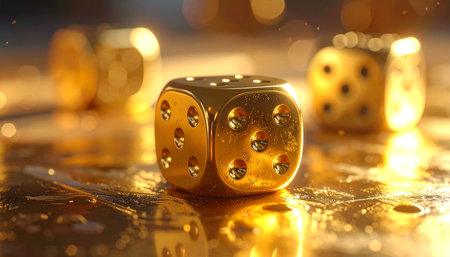 golden dices on a gold background with bokeh effectの素材