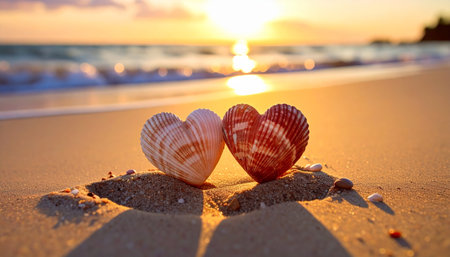 two seashells on the sand near the sea and the sunsetの素材