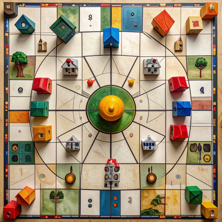 Closeup of a children's board game with wooden houses and ballsの素材