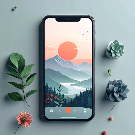 Smartphone mockup with nature landscape on screen. Vector illustration.の素材
