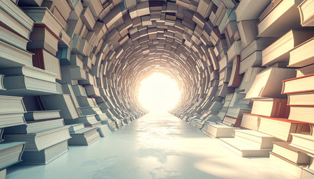 A 3d render of a corridor with books in the shape of a tunnelの素材