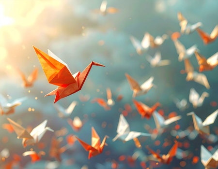 Origami paper crane flying in the blue sky. 3d renderingの素材