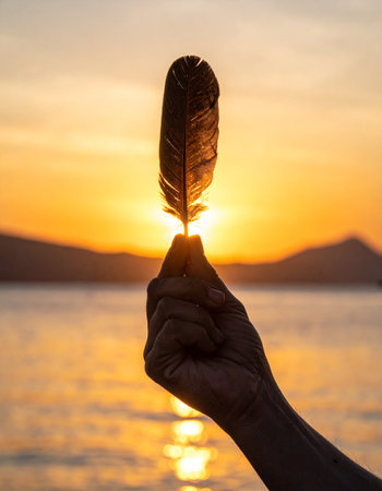 Feather in hand against the background of the sea and sunset.の素材