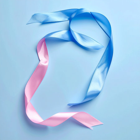 Ribbon in the form of a letter O on a blue backgroundの素材