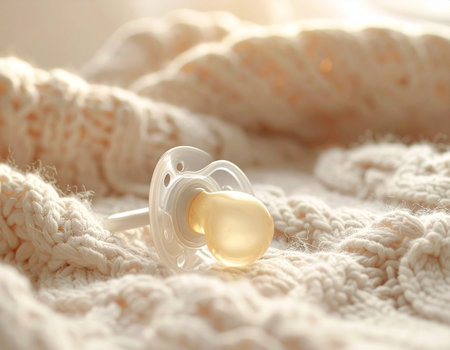 Baby pacifier on a knitted background. Selective focus.の素材