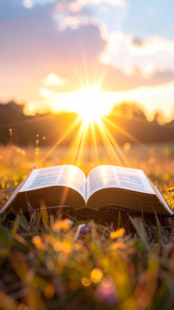 Open book on the grass in the garden at sunset with lens flareの素材