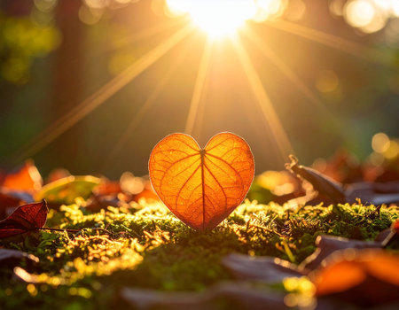 Heart shaped leaf on green moss with sun rays and bokehの素材