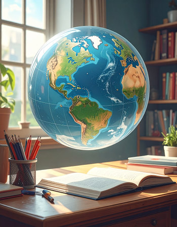 Back to school concept with globe and books on table. 3D Renderingの素材
