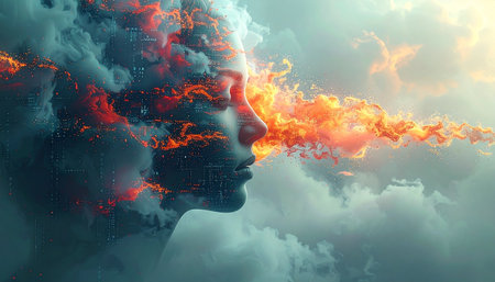 Digital composite of Digital composite image of human head with fire and cloudsの素材