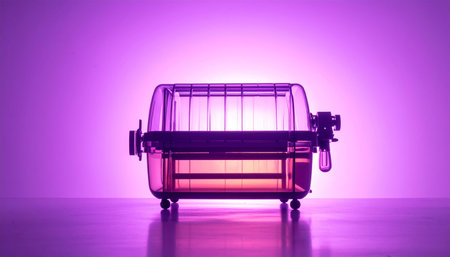 Cage in purple light on a table with reflection and copy spaceの素材