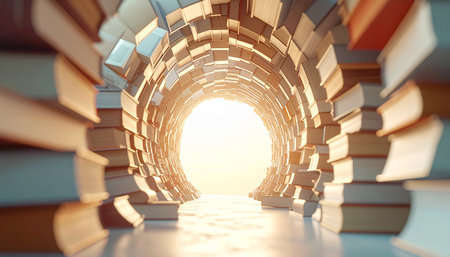 3d render of a tunnel of books with the sun in the backgroundの素材