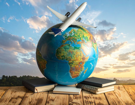 Globe with airplane and books on wooden table. Travel concept.の素材