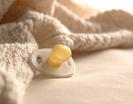 baby pacifier on knitted plaid, closeup of photoの素材