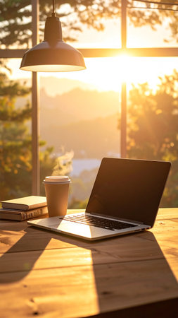 Laptop and coffee cup on wooden table with sunset light background.の素材