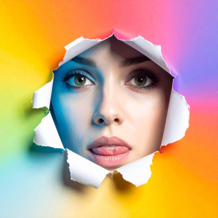 Beautiful woman looking through hole in paper. Female face through torn hole.の素材