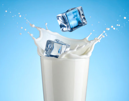 Milk splashing out of a glass with ice cubes on blue backgroundの素材