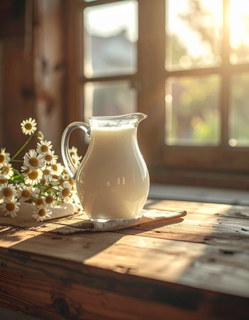 Milk in a jug on a wooden table on the background of the windowの素材