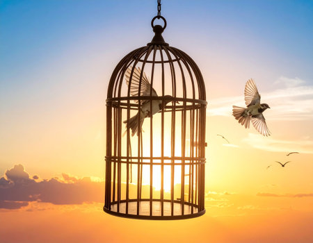Silhouette of a bird in a cage against the sunset.の素材