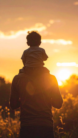 Silhouette of father and son at sunset in the field.の素材