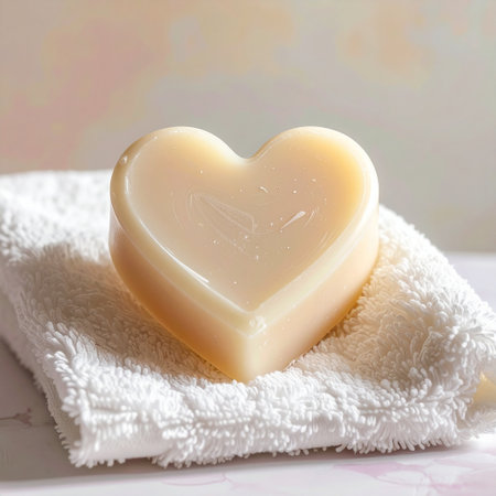 Heart shaped soap on a white towel. Spa and wellness concept.の素材