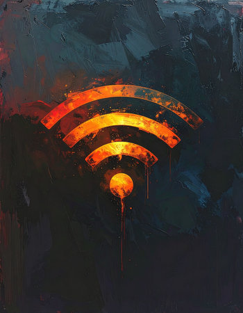 Grunge wifi symbol on black background. Digital art painting.の素材