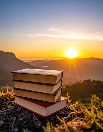 Books on the top of the mountain at sunset. Education concept.の素材