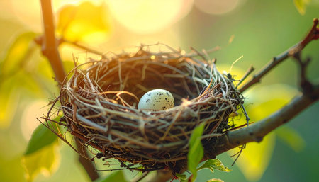 Easter eggs in a bird's nest on a tree branch.の素材