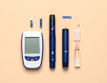 Glucose meter, lancet pen, test strips and lancet pen on beige backgroundの素材
