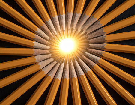 3d illustration of yellow pencils with light coming through the centerの素材