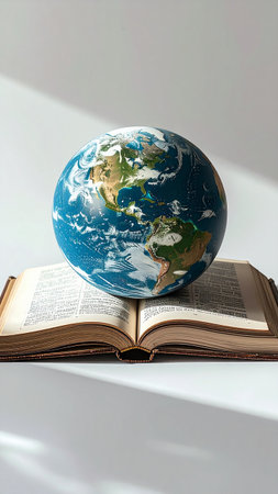 Globe on open book with shadow on white background. Earth day conceptの素材