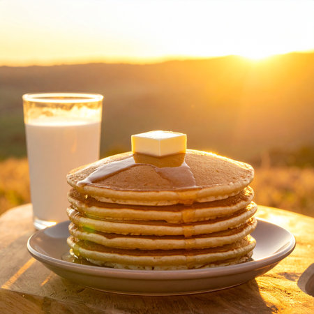 Stack of pancakes with honey and a glass of milk on a wooden tableの素材