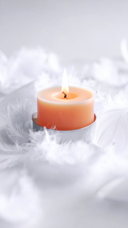 Burning candle with feathers on white background, soft focus, closeupの素材