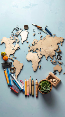 World map and office supplies on a blue background. Business concept.の素材