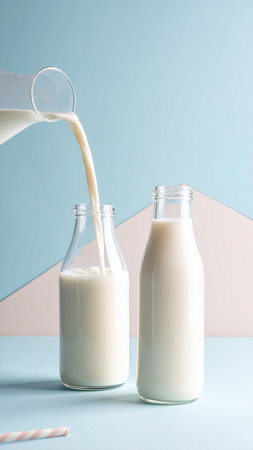 Milk pouring into bottle on blue and pink pastel background.の素材